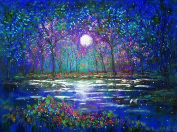 Art texture œuvres - Cherry Blossom Tree Moon décor de jardin paysage art mural nature paysage texture